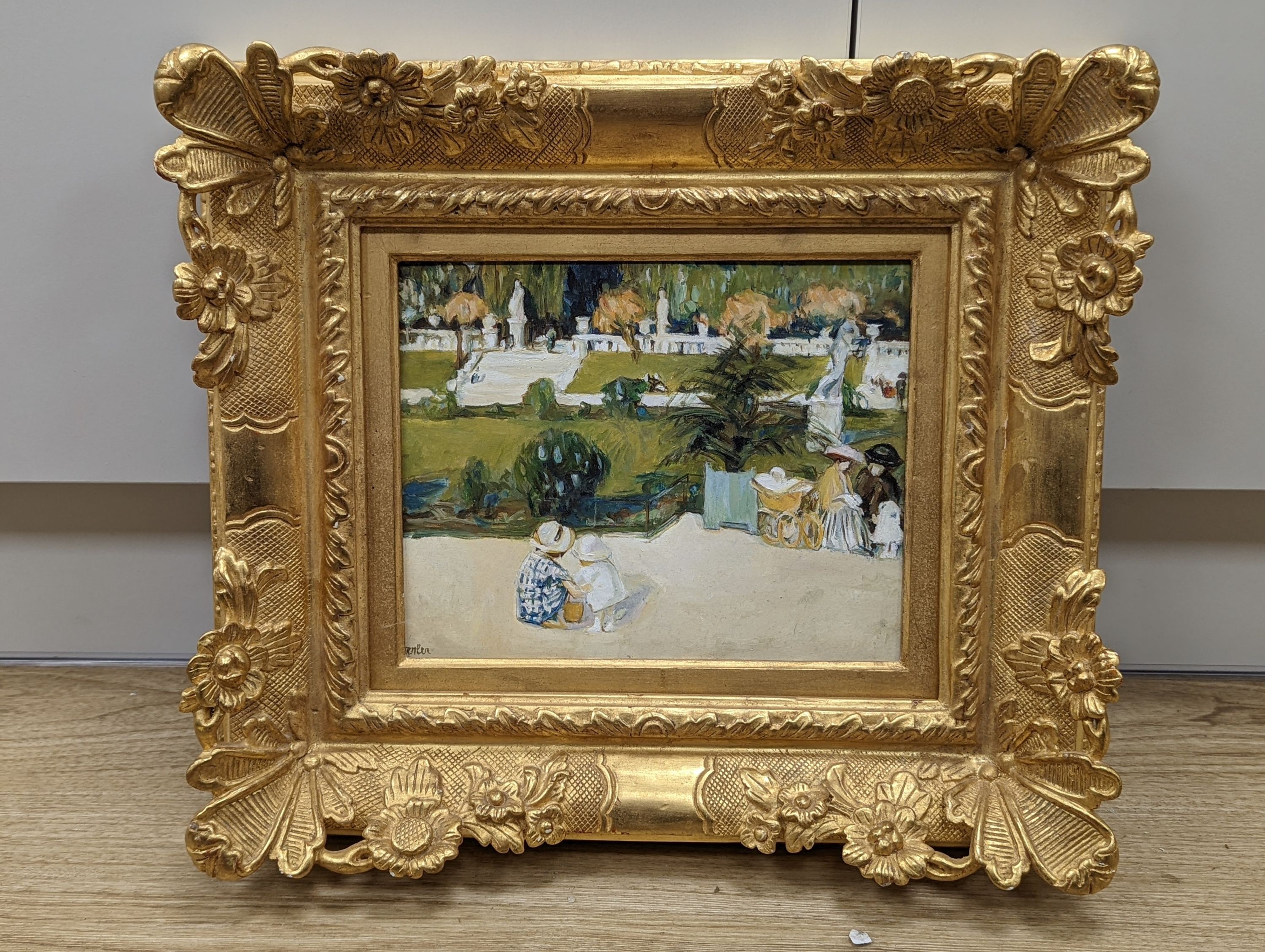 Continental School, oil on card, Children in a park, signed Srenler, 19 x 24cm